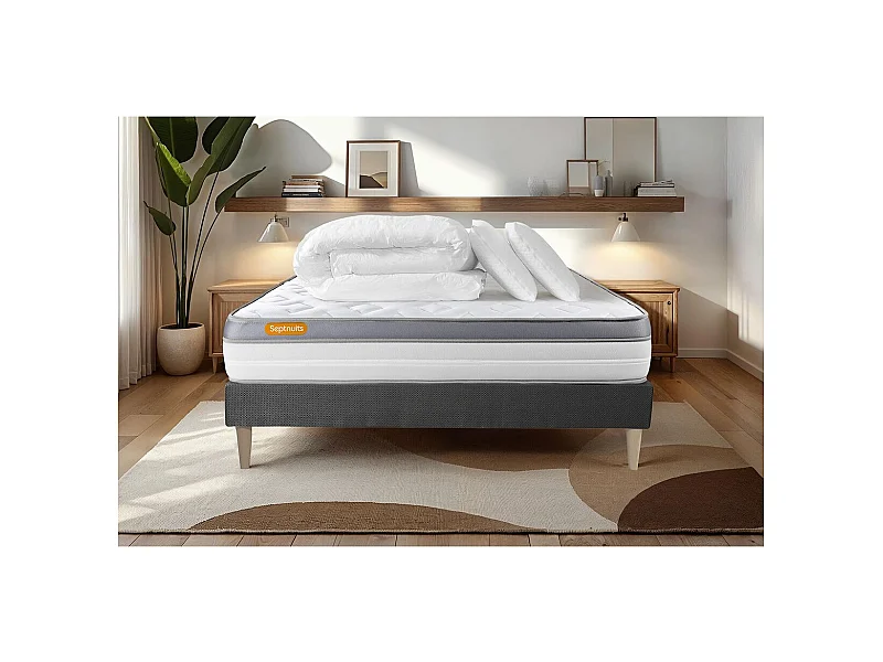 Pack matelas + sommier gris 160x200 Memo Zen Mousse à mémoire de forme 5 zones de confort MAXI épaisseur + Couette + 2 oreillers
