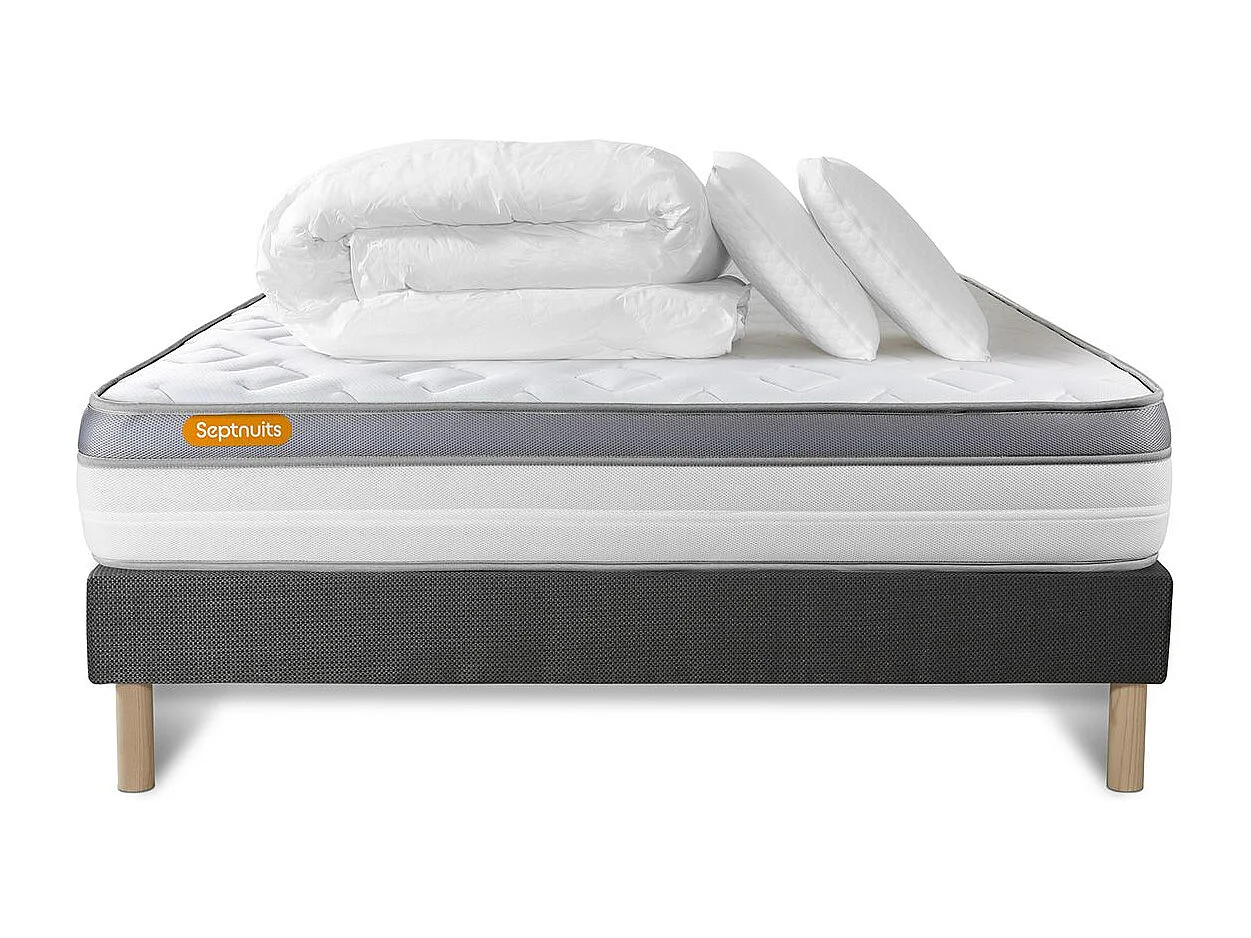 Pack matelas + sommier gris 160x200 Memo Zen Mousse à mémoire de forme 5 zones de confort MAXI épaisseur + Couette + 2 oreillers