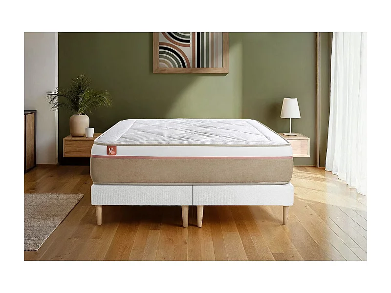 Ensemble LE SOYEUX 200x200cm Ressorts ensachés + Mémoire de forme BioVisco - Ep. 24cm + double sommiers Blanc