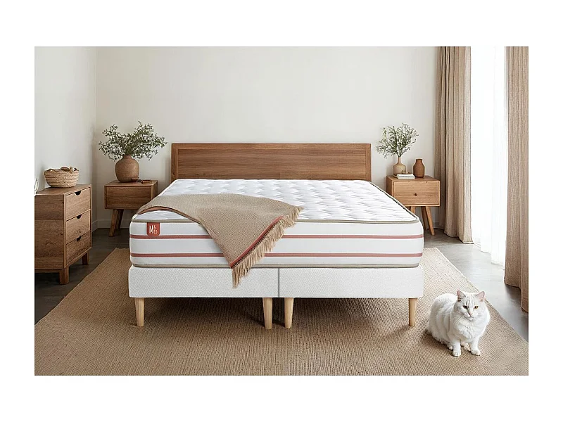 Pack prêt à dormir matelas LE DOUX 200x200cm Mémoire de forme - Ep. 24cm + double sommiers Blanc + 2 oreillers +couette