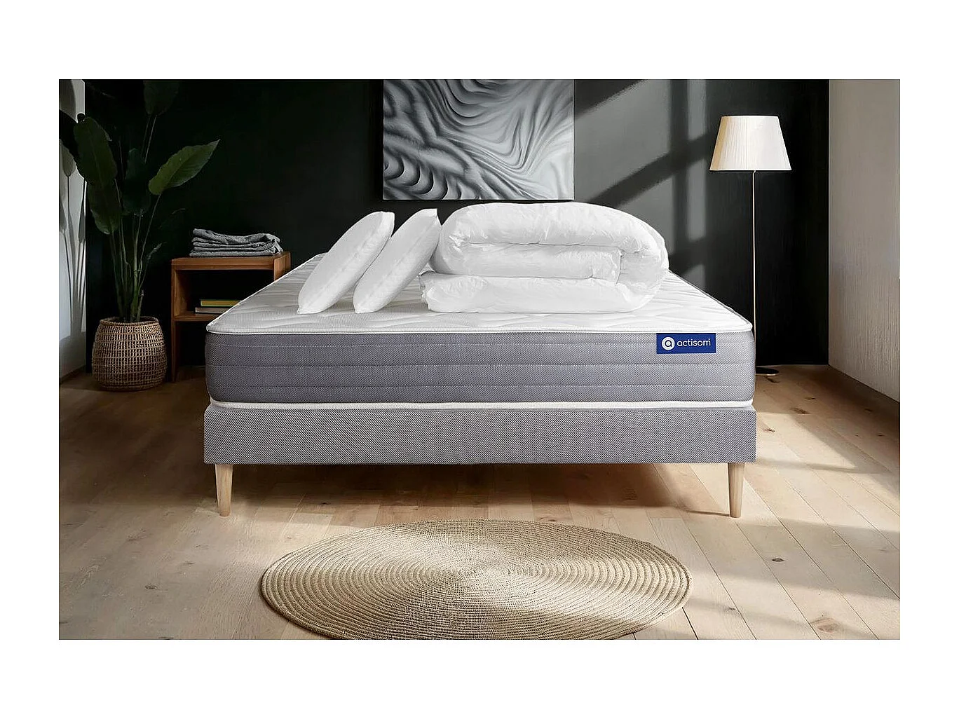 Pack prêt à dormir matelas ACTIMEMO DREAM mémoire de forme 200x200 cm 5zones confort + sommier KIT gris + 2oreillers+couette