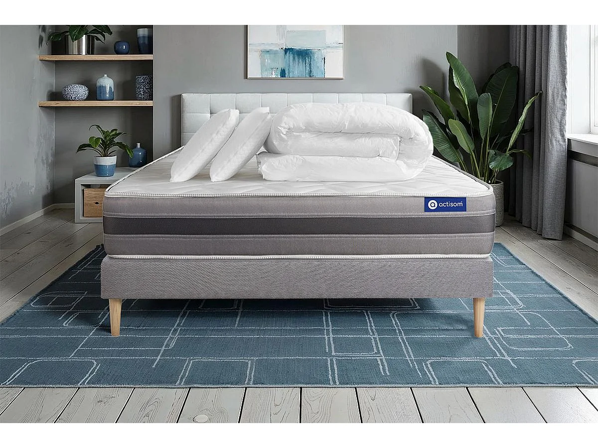 Pacchetto letto completo - Materasso 160x200cm + Box spring con doghe (kit) + 2 cuscini + Piumino - Actiflex Relax