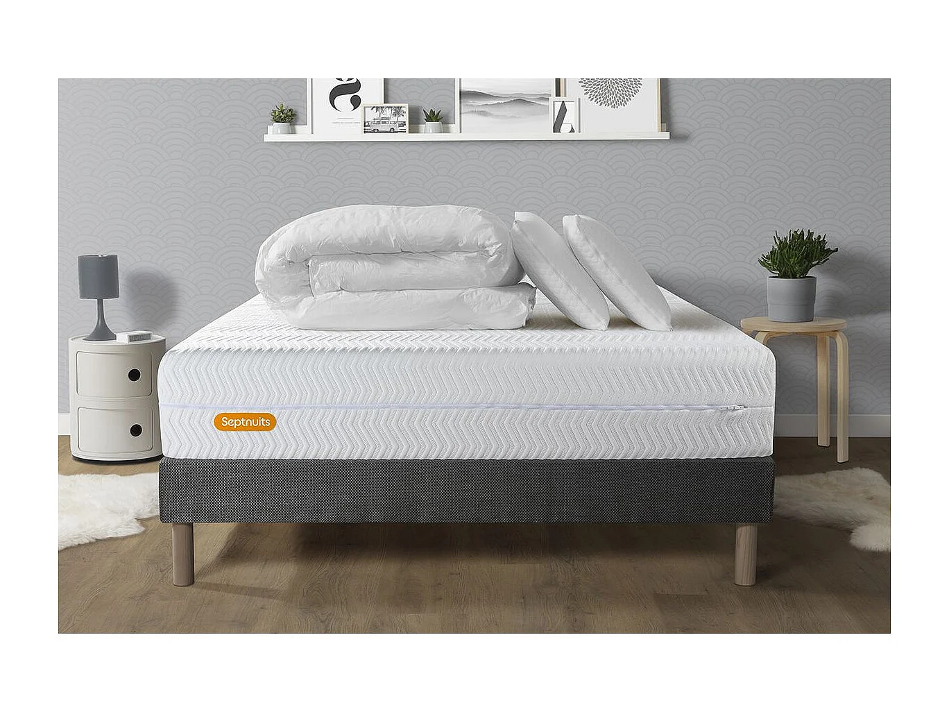 PACK Matelas + sommier gris 140x190 Memo Bio  Mousse à mémoire de forme 5 zones de confort Maxi épaisseur + Couette + 2 oreiller