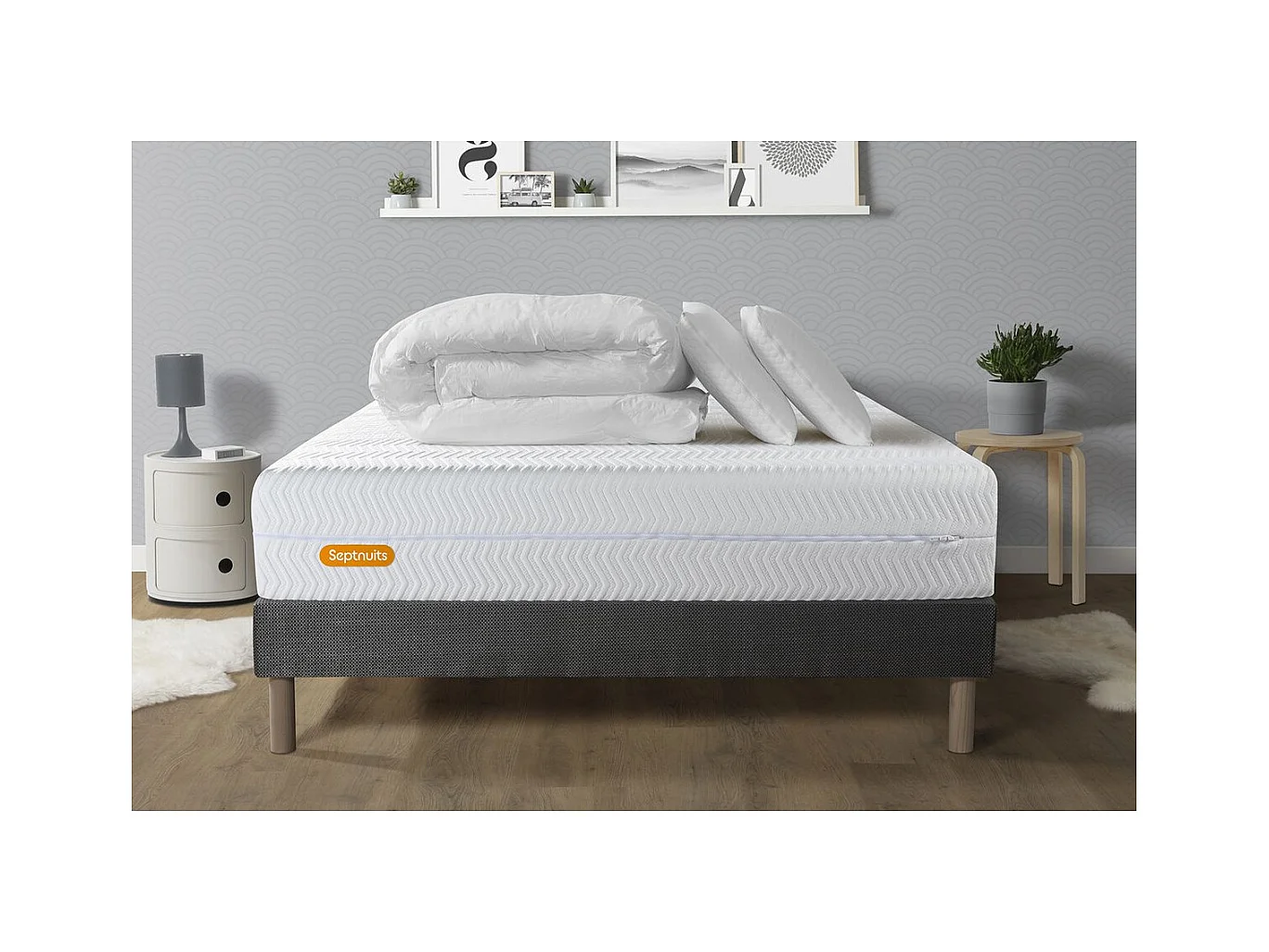 PACK Matelas + sommier gris 140x190 Memo Bio  Mousse à mémoire de forme 5 zones de confort Maxi épaisseur + Couette + 2 oreiller