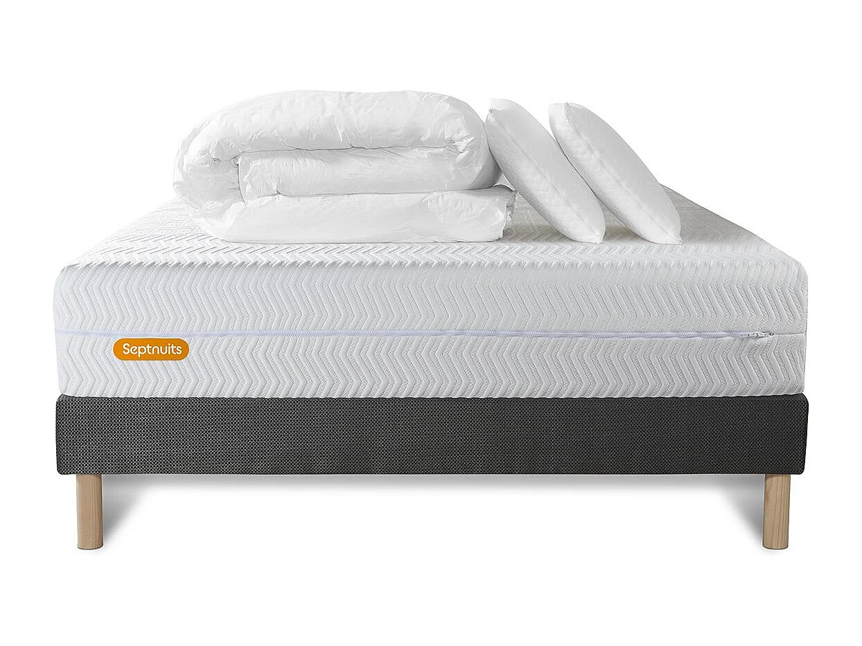 PACK Matelas + sommier gris 140x190 Memo Bio  Mousse à mémoire de forme 5 zones de confort Maxi épaisseur + Couette + 2 oreiller