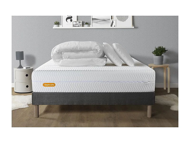 PACK Matelas + sommier gris 140x190 Memo Bio  Mousse à mémoire de forme 5 zones de confort Maxi épaisseur + Couette + 2 oreiller