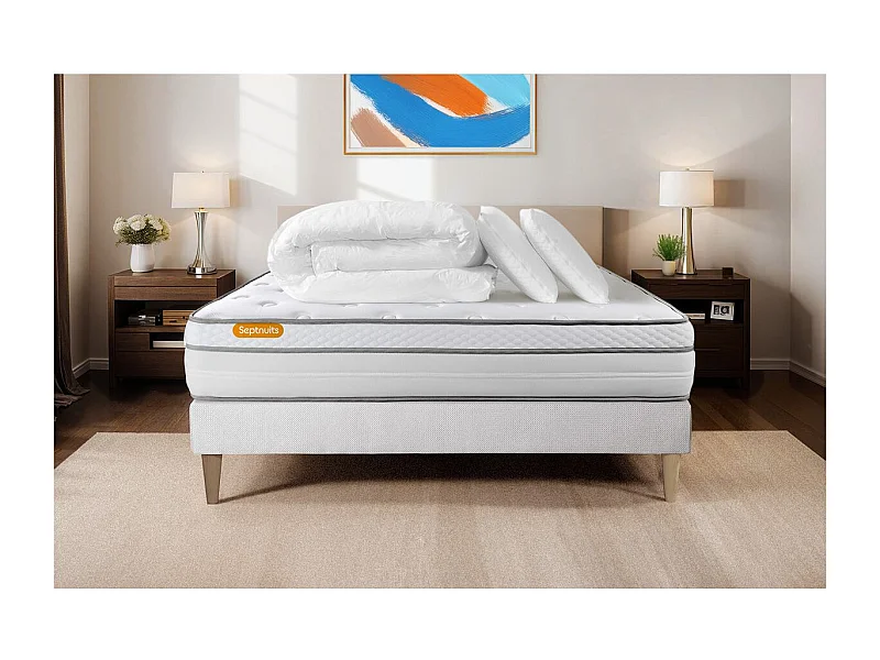 Pack matelas + sommier 160x200 Memo Luxe Ressorts ensachés + mémoire de forme 5 zones de confort MAXI épaisseur