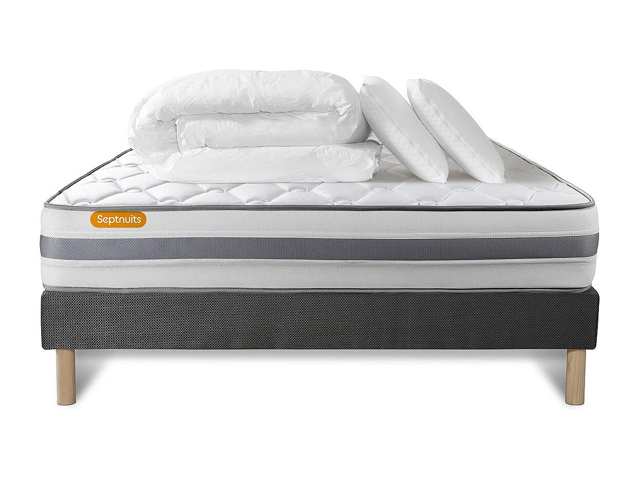 Pack matelas + sommier gris 160x200 Memo Spring Ressorts ensachés 3 zones MAXI épaisseur + Couette + 2 oreillers
