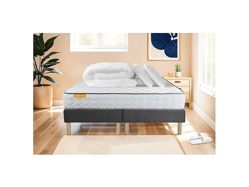 Pack matelas Memo + double sommiers gris 160x200 + 2 oreillers mémoire de forme
