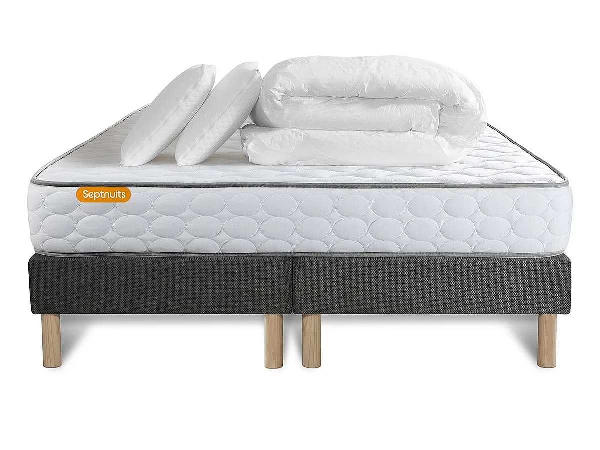 Pack matelas Memo + double sommiers gris 160x200 + 2 oreillers mémoire de forme