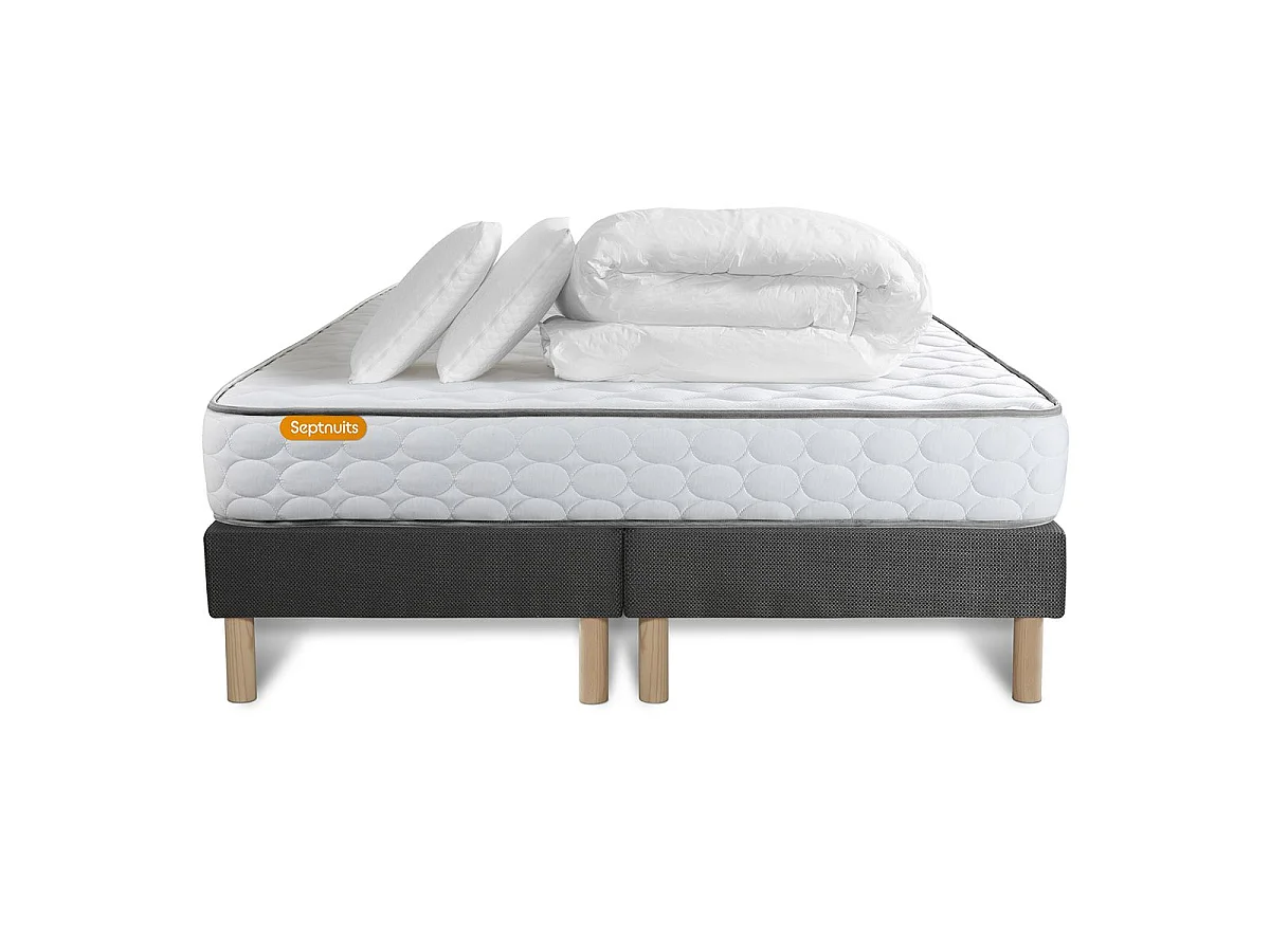 Pack matelas Memo + double sommiers gris 160x200 + 2 oreillers mémoire de forme
