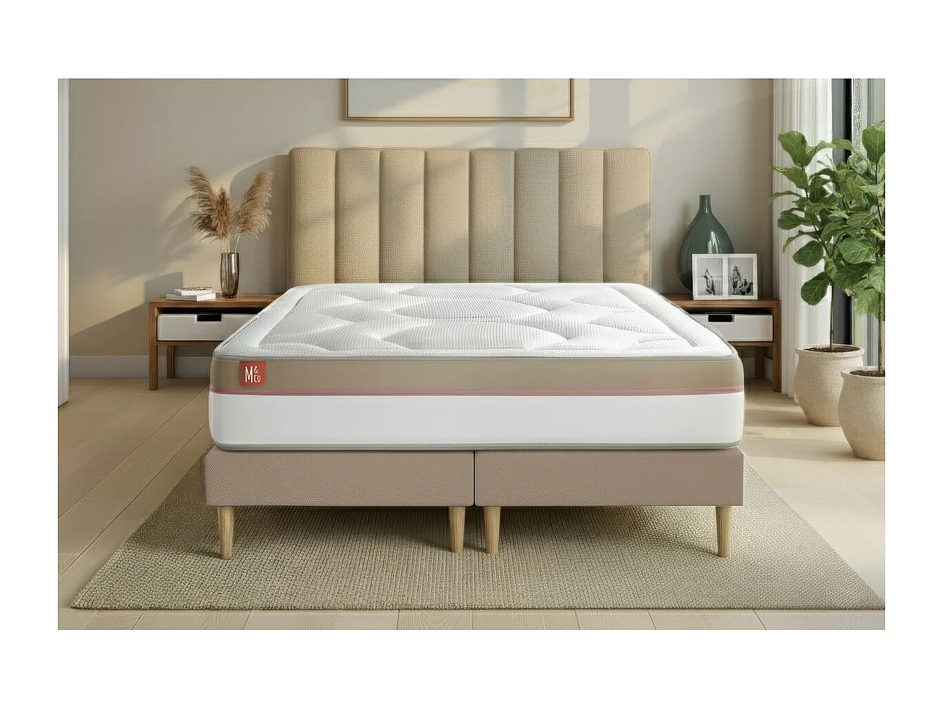 Pack prêt à dormir matelas LE COSY 180x200cm Mémoire de forme - Ep. 30cm + double sommiers Beige + 2 oreillers + couette