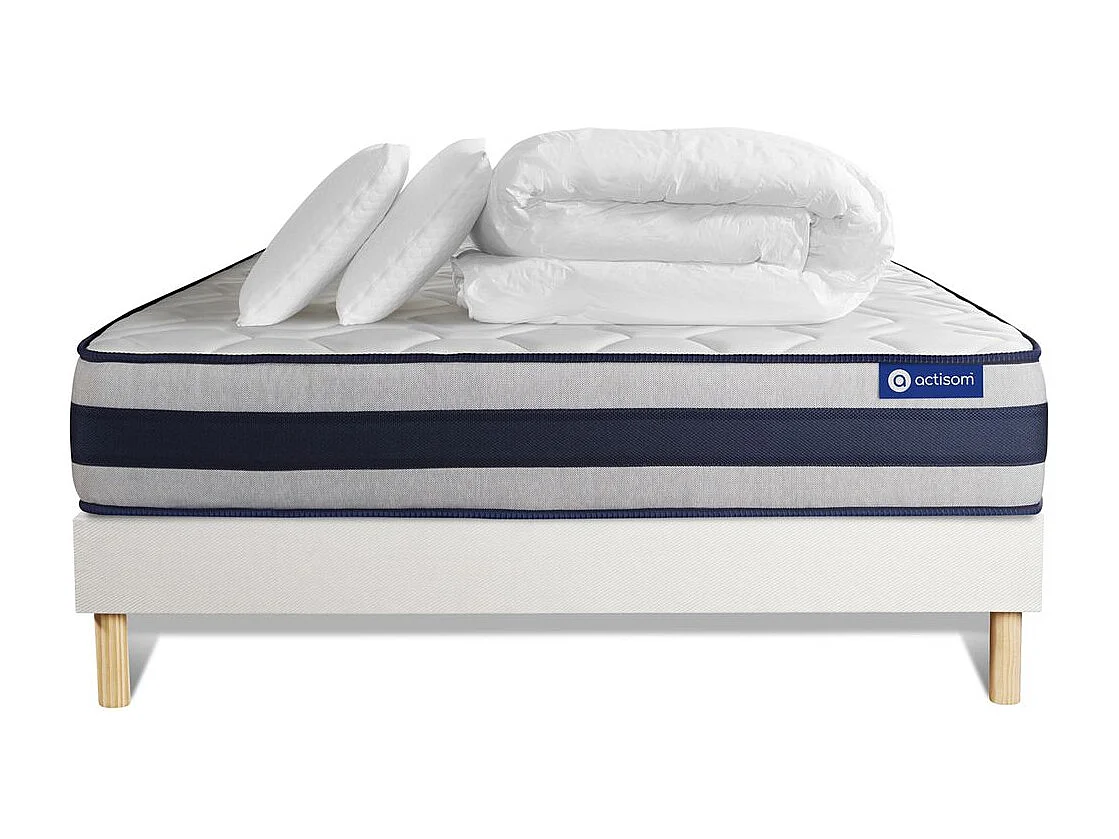 Pack prêt à dormir matelas Ressorts ensachés + Mémoire de forme ACTIFLEX ERGO 200x200 + sommier KIT blanc +2oreillers+couette