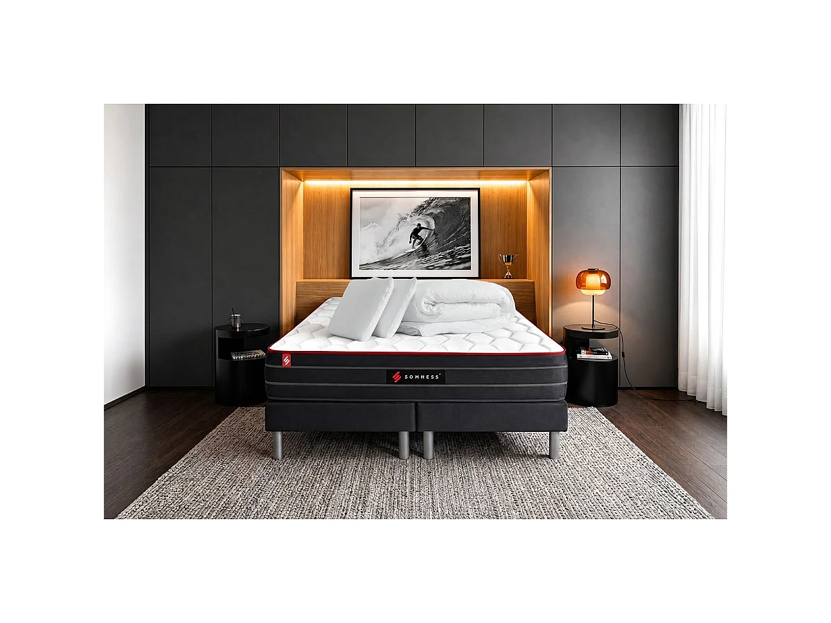 Pack matelas BOOST 180x200 + double sommiers noir 90x200 + Couette + 2 oreillers