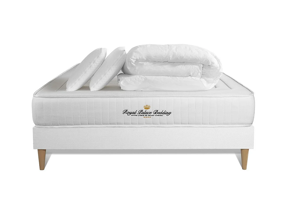 Pack matelas à mémoire de forme Nottingham 180x200cm + sommier KIT blanc + 2 oreillers + 1 couette