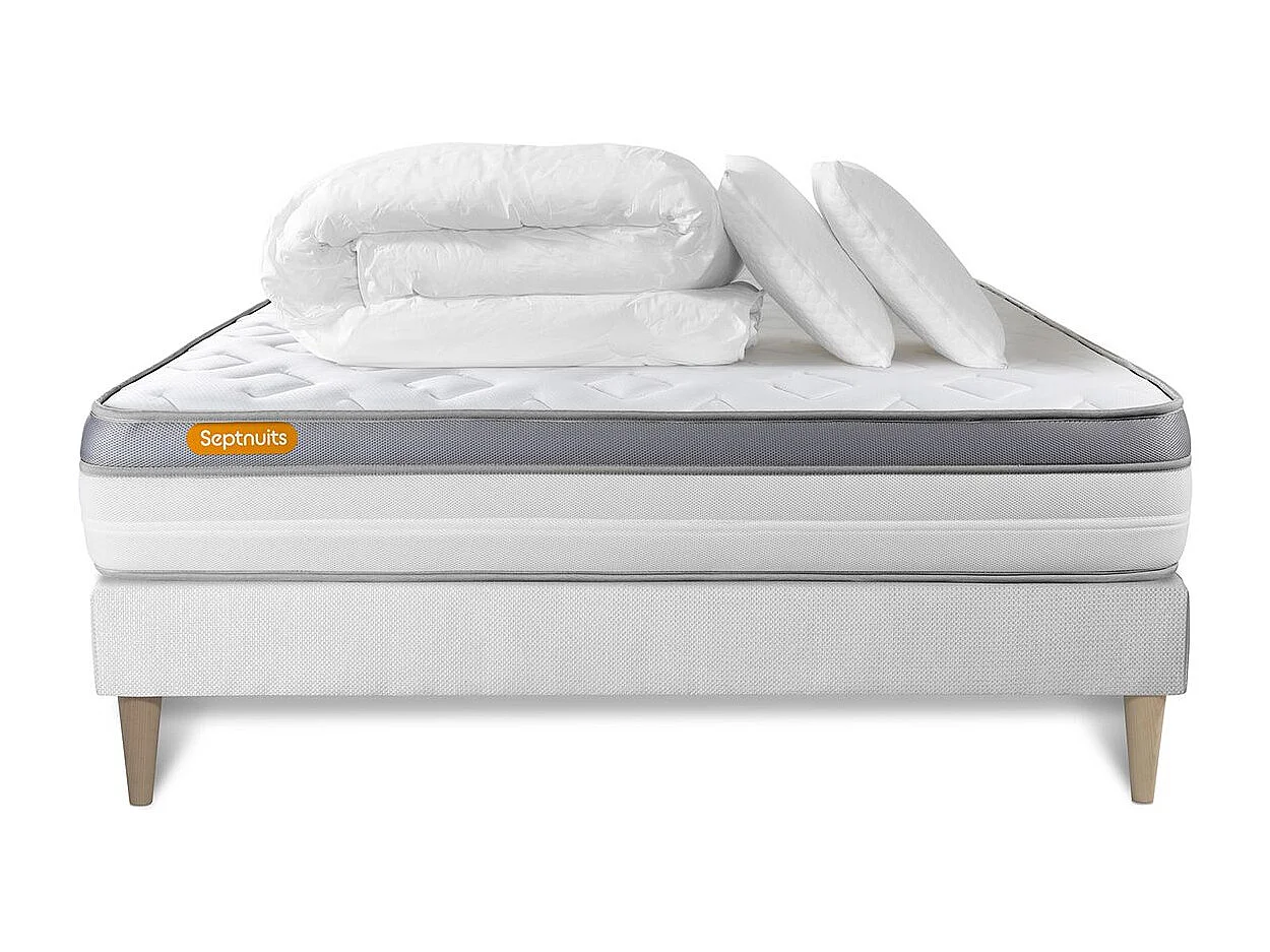 Pack matelas + sommier kit blanc 180x200 Memo Zen Mousse à mémoire de forme MAXI épaisseur + Couette + 2 oreillers