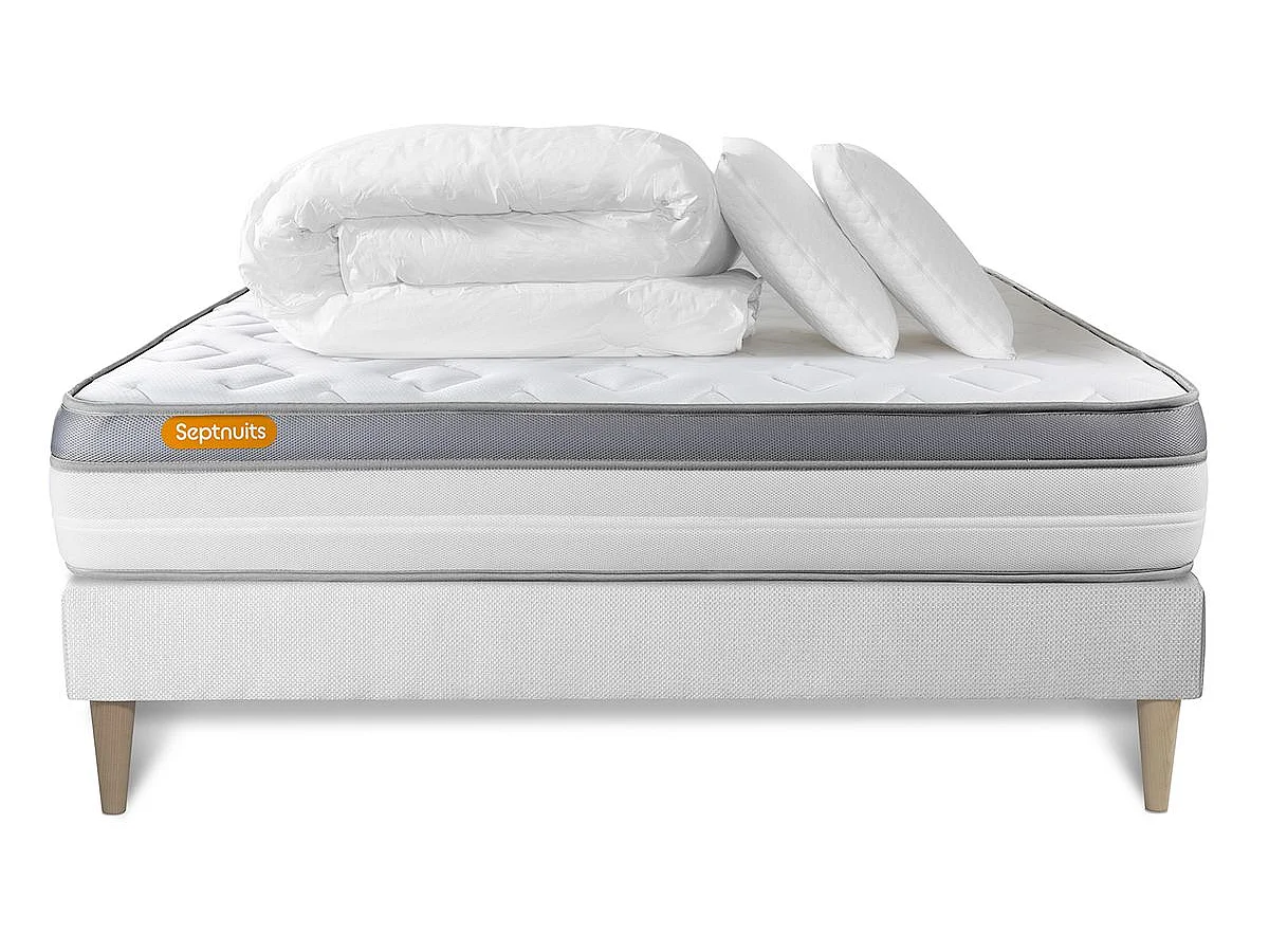 Pack matelas + sommier kit blanc 180x200 Memo Zen Mousse à mémoire de forme MAXI épaisseur + Couette + 2 oreillers