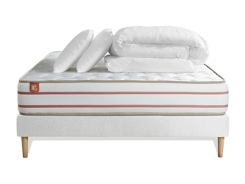 Pack prêt à dormir matelas LE DOUX 140x200cm Mémoire de forme - Ep. 24cm + sommier kit Blanc + 2 oreillers + couette 240x220