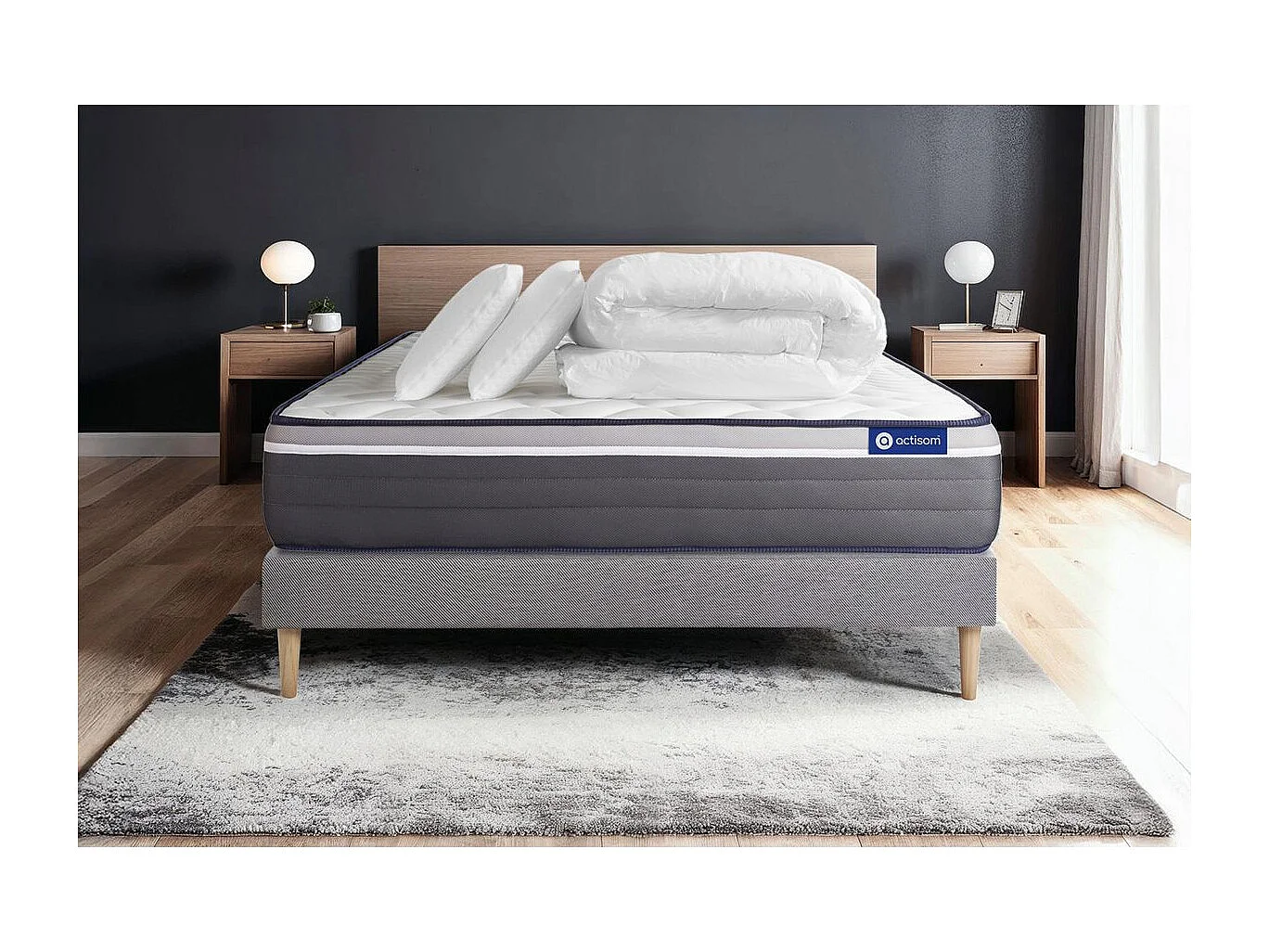 Pack prêt à dormir matelas ACTIFLEX PLUS 160x200 Ressorts ensachés+Mémoire de forme + sommier KIT gris + 2 oreillers+couette