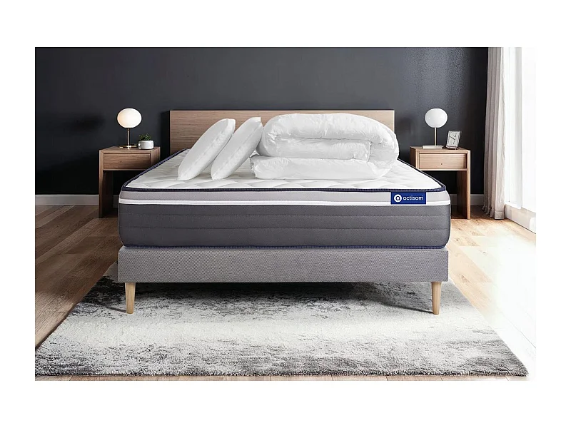 Pack prêt à dormir matelas ACTIFLEX PLUS 160x200 Ressorts ensachés+Mémoire de forme + sommier KIT gris + 2 oreillers+couette