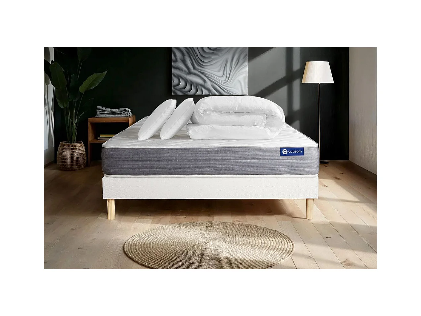 Pack prêt à dormir matelas ACTIMEMO DREAM mémoire de forme 140x200 cm 5zones confort + sommier KIT blanc + 2oreillers+couette