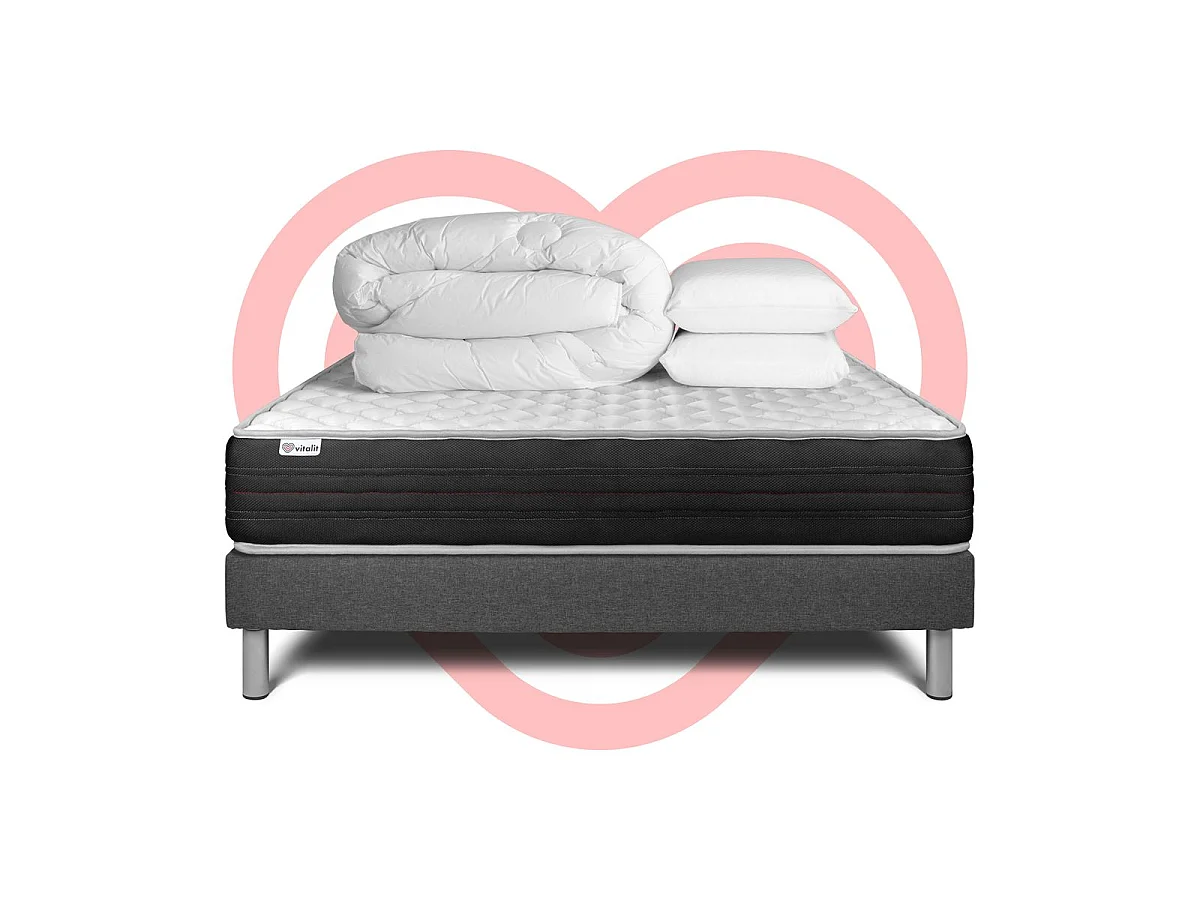 VITALMEMO ONE Madrasspaket - 24 cm - Memory Foam Polyuretan - Omslutande - Grå sängbottensats - Med täcke och kuddar