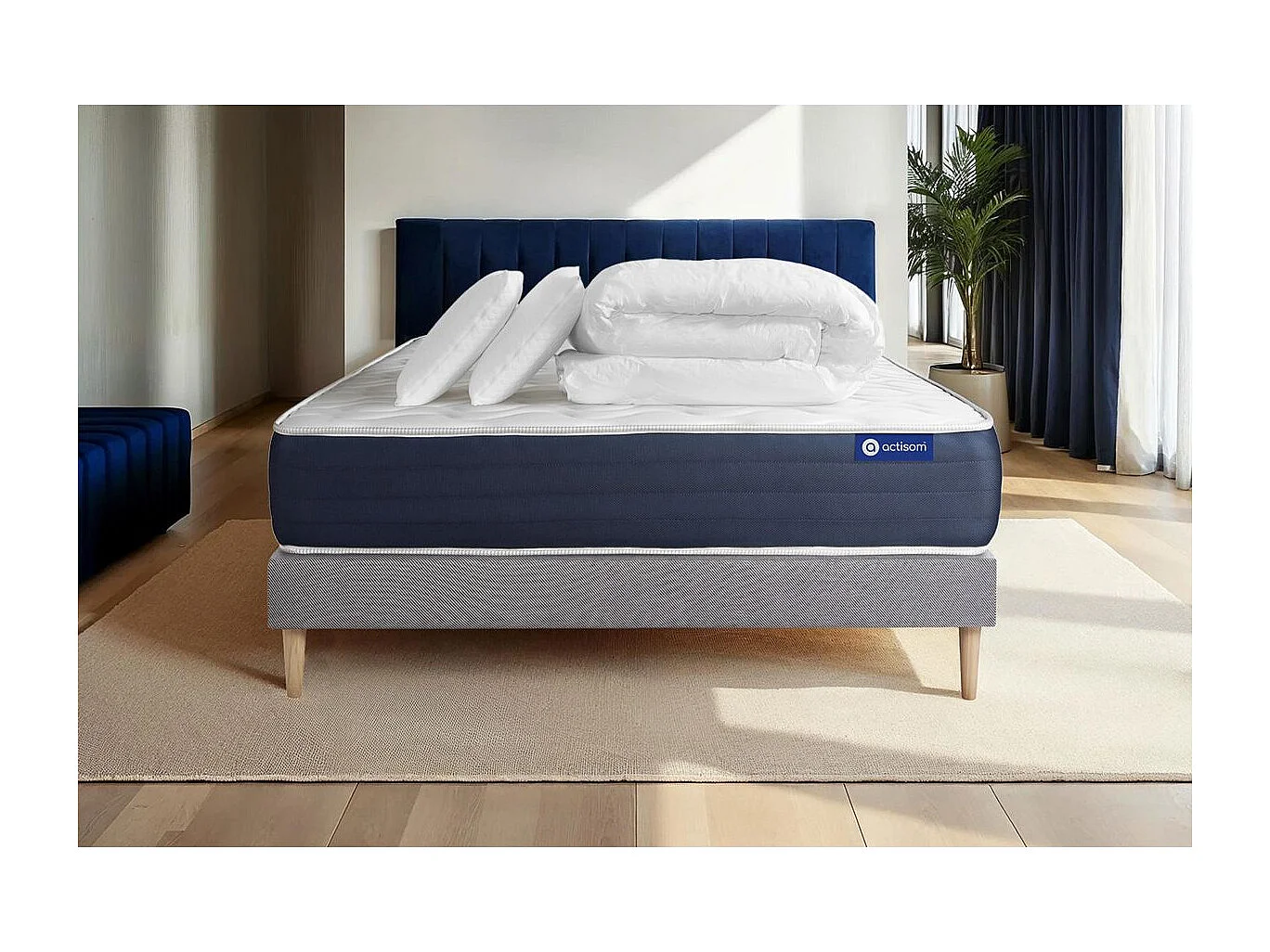 Pack prêt à dormir matelas Ressorts ensachés + Mémoire de forme ACTIFLEX SLEEP 180x200 + sommier KIT gris +2oreillers+couette