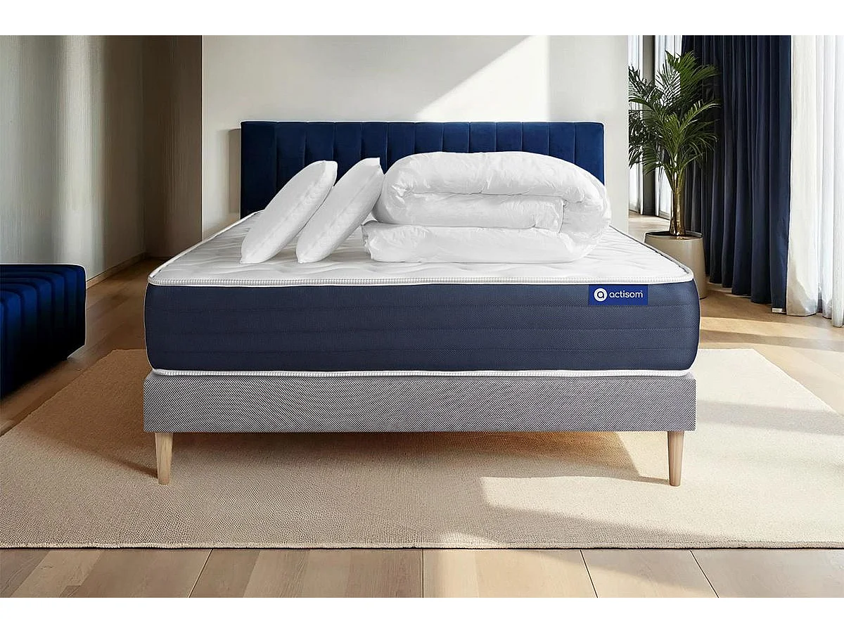 Pack prêt à dormir matelas Ressorts ensachés + Mémoire de forme ACTIFLEX SLEEP 180x200 + sommier KIT gris +2oreillers+couette