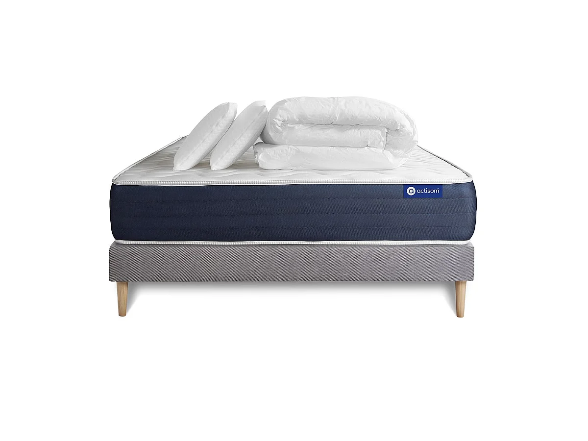 Pack prêt à dormir matelas Ressorts ensachés + Mémoire de forme ACTIFLEX SLEEP 180x200 + sommier KIT gris +2oreillers+couette