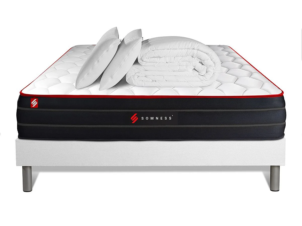 Pack prêt à dormir 200x200 matelas BOOST ressorts ensachés et mémoire de forme + sommier kit blanc + Couette + 2 oreillers