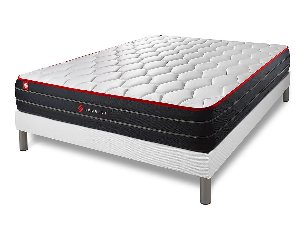 Pack prêt à dormir 200x200 matelas BOOST ressorts ensachés et mémoire de forme + sommier kit blanc + Couette + 2 oreillers