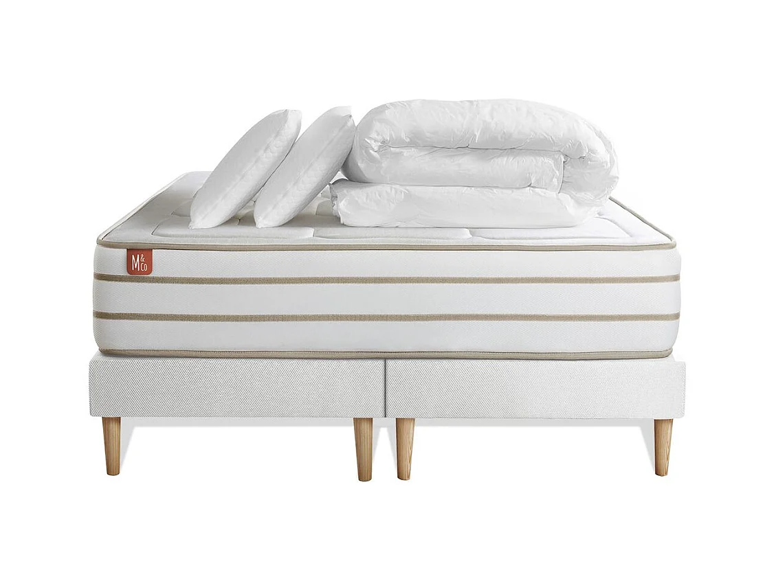 Pack prêt à dormir matelas LE DOUILLET 180x200cm Mémoire de forme BioVisco + double sommiers Blanc + 2 oreillers + couette
