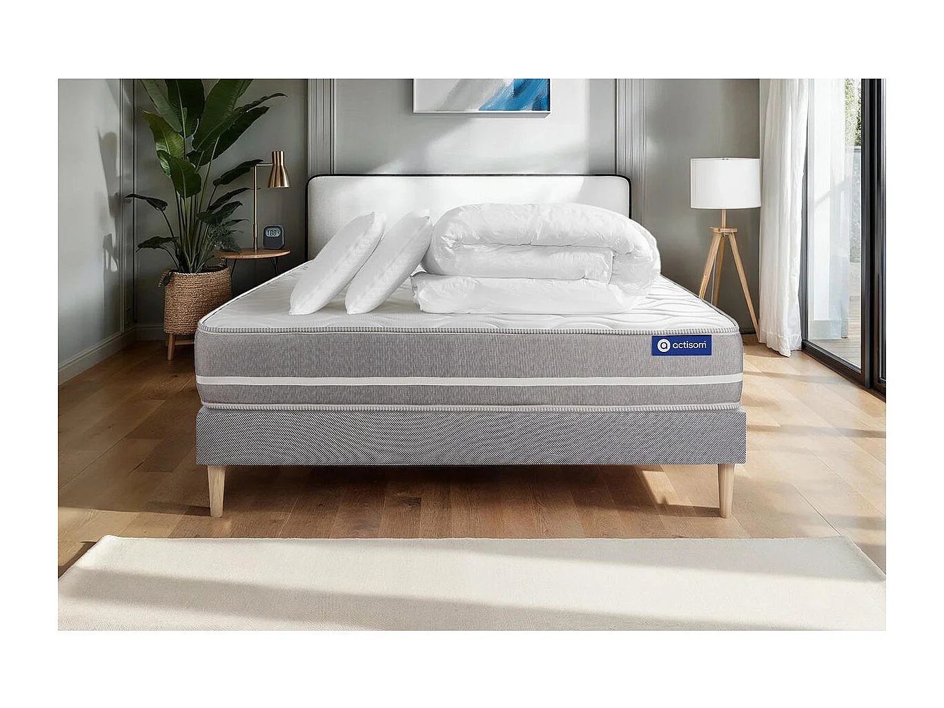 Komplettpaket Bett - Matratze 140x200 cm + Boxspringbett mit Lattenrost (im Set) + 2 Kopfkissen + Bettdecke - Actilatex Touch