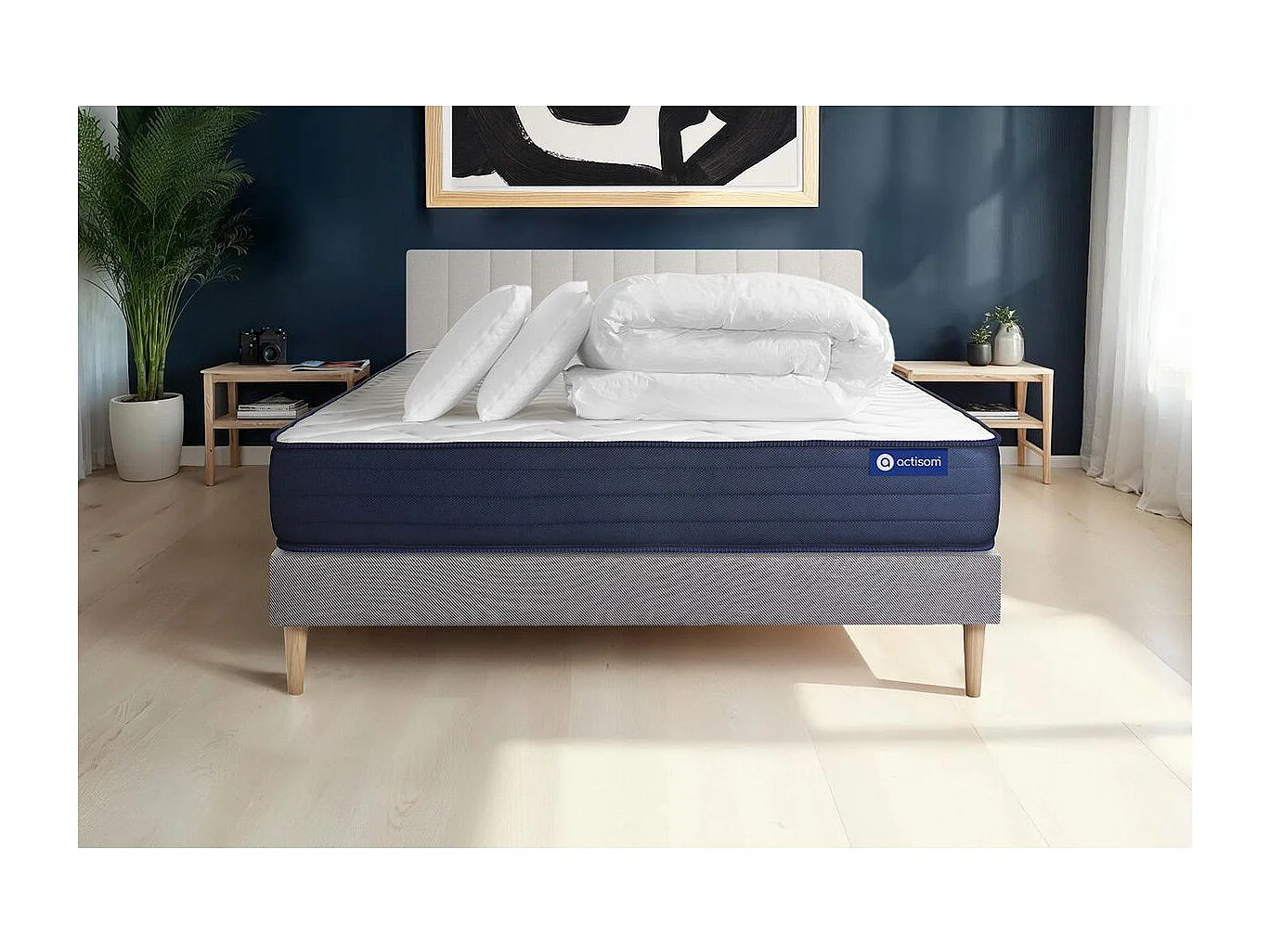 Pacote de cama completo - Colchão 140x200 cm + estrado de molas com ripas (kit) + 2 almofadas + Edredão - Actilatex Life