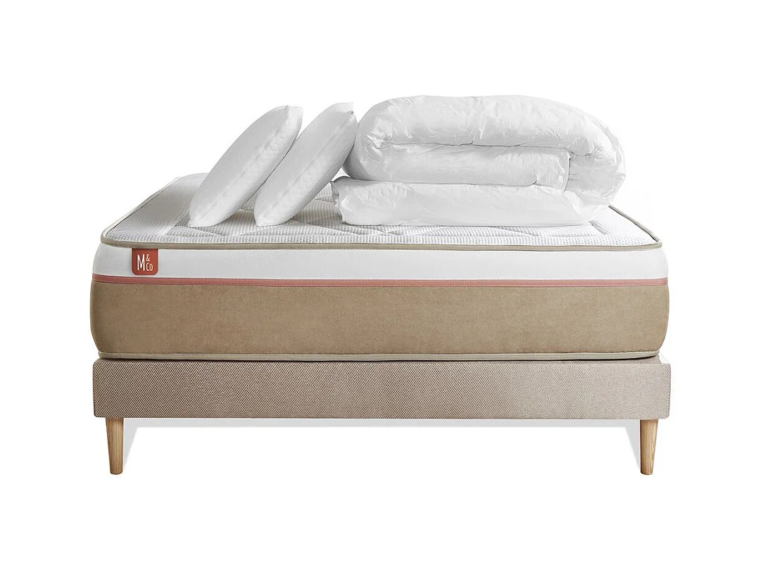 Pack prêt à dormir matelas LE SOYEUX 140x200cm Ressorts ensachés + Mémoire de forme BioVisco + sommier kit Beige