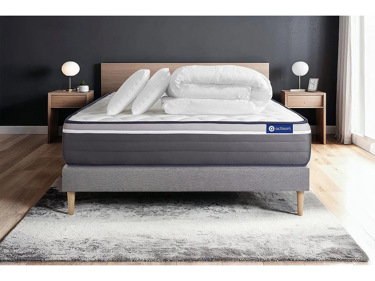 Pack prêt à dormir matelas ACTIFLEX PLUS 180x200 Ressorts ensachés+Mémoire de forme + sommier KIT gris + 2 oreillers+couette