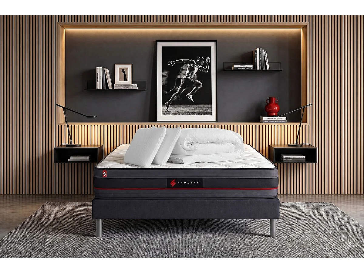 Pack prêt à dormir 160x200 matelas REGEN à mémoire de forme + sommier kit noir + Couette 260x240cm + 2 oreillers 60x40cm