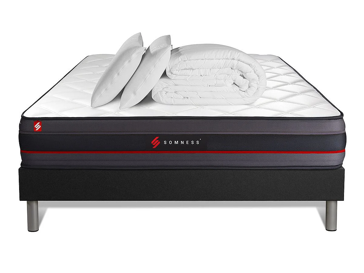 Pack prêt à dormir 160x200 matelas REGEN à mémoire de forme + sommier kit noir + Couette 260x240cm + 2 oreillers 60x40cm