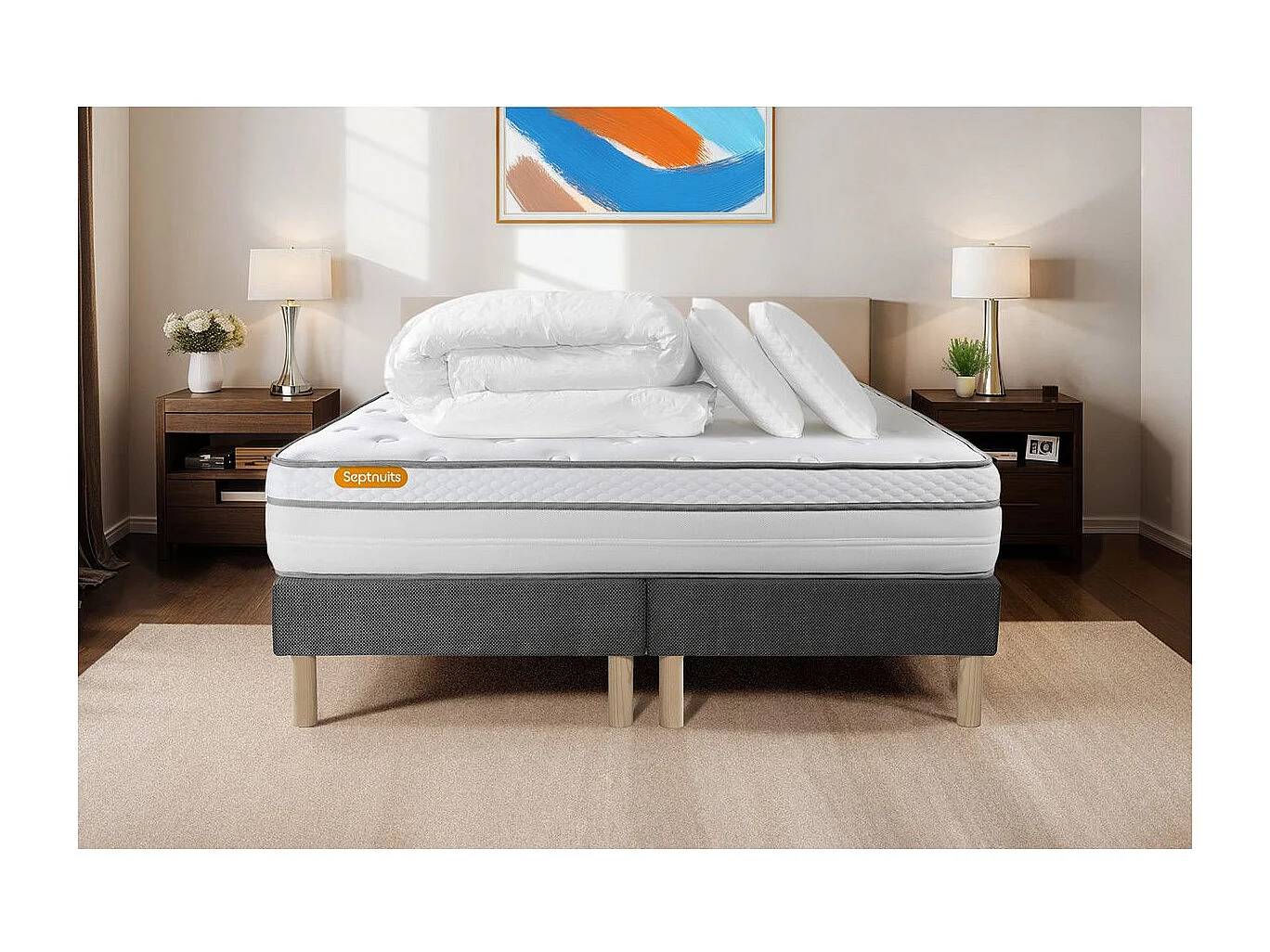 Pack matelas 180x200 + double sommiers gris 90x200 Memo Luxe Ressorts ensachés + mémoire de forme 5 zones de confort