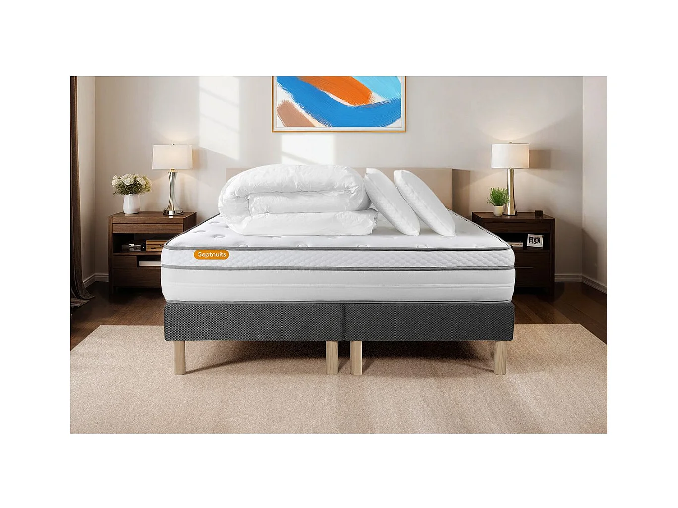 Pack matelas 180x200 + double sommiers gris 90x200 Memo Luxe Ressorts ensachés + mémoire de forme 5 zones de confort