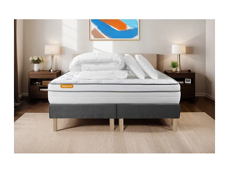 Pack matelas 180x200 + double sommiers gris 90x200 Memo Luxe Ressorts ensachés + mémoire de forme 5 zones de confort