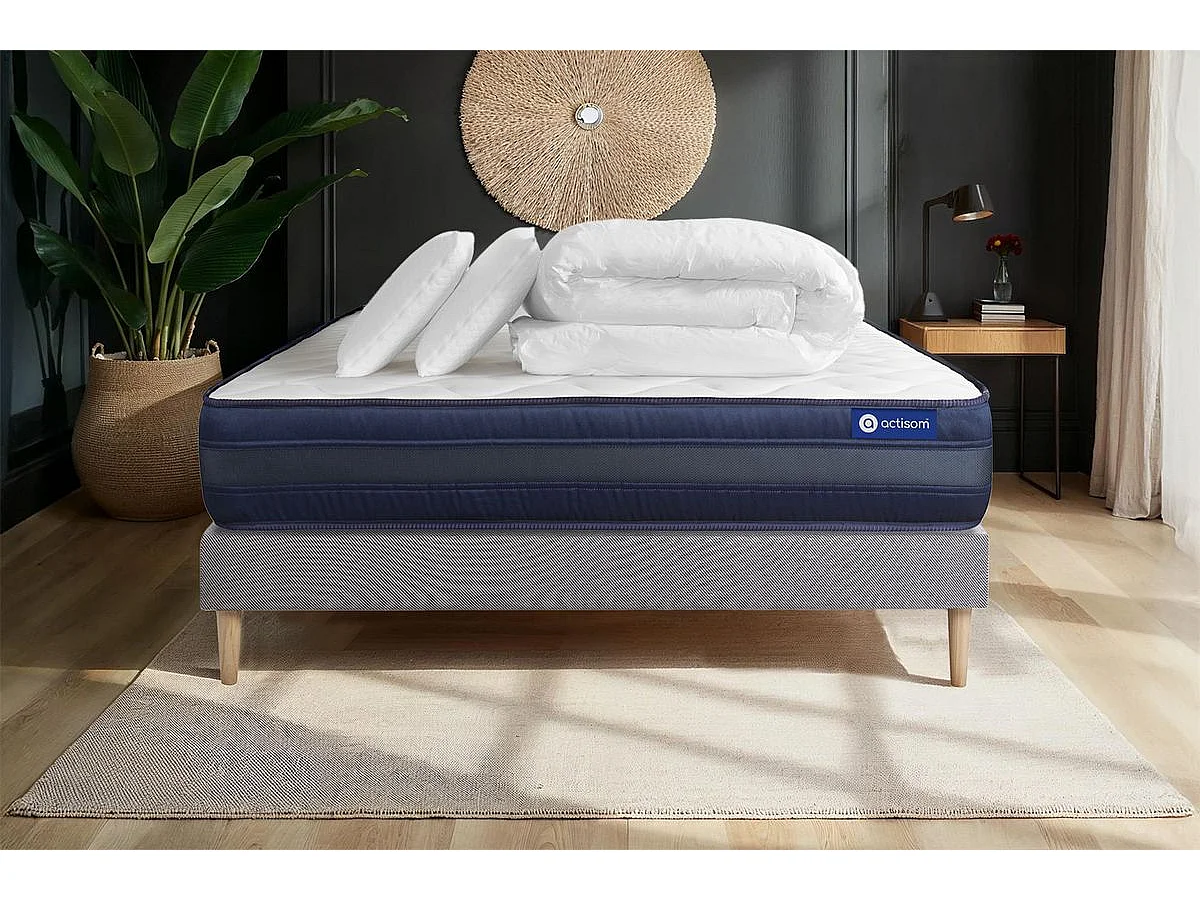 Pacchetto letto completo - Materasso 140x200cm + Box spring con doghe (kit) + 2 cuscini + Piumino - Actimemo Tech
