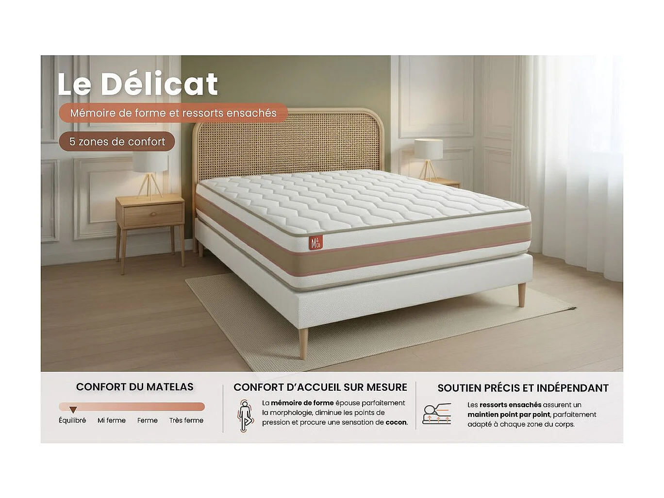 Pack prêt à dormir matelas LE DÉLICAT 180x200 Ressorts ensachés et Mémoire de forme + double sommiers Beige