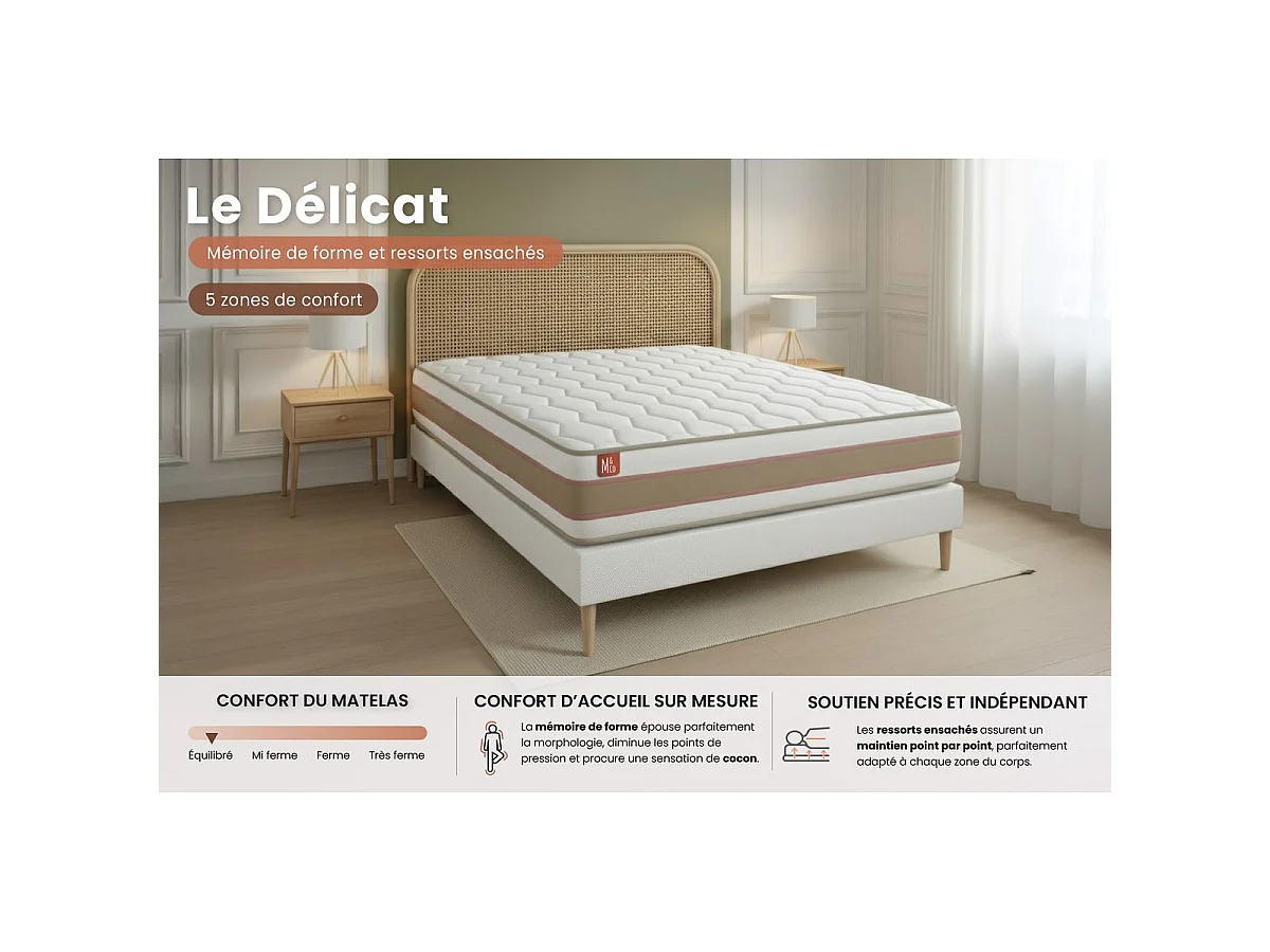 Pack prêt à dormir matelas LE DÉLICAT 160x200 Ressorts ensachés et Mémoire de forme + sommier Blanc + 2 oreillers + couette