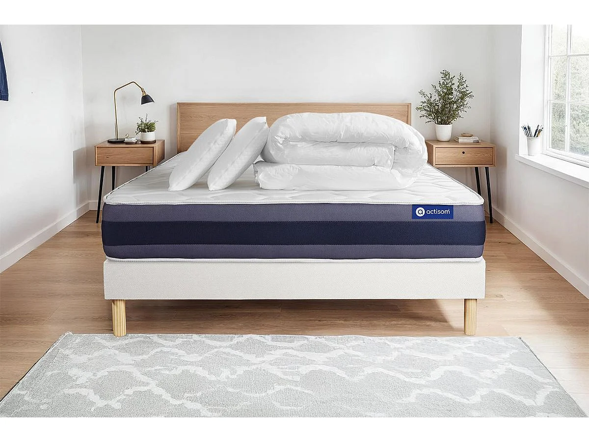 Pack prêt à dormir matelas Latex + Mémoire de forme ACTILATEX MORPHO 140x200 cm + sommier KIT blanc + 2 oreillers + couette