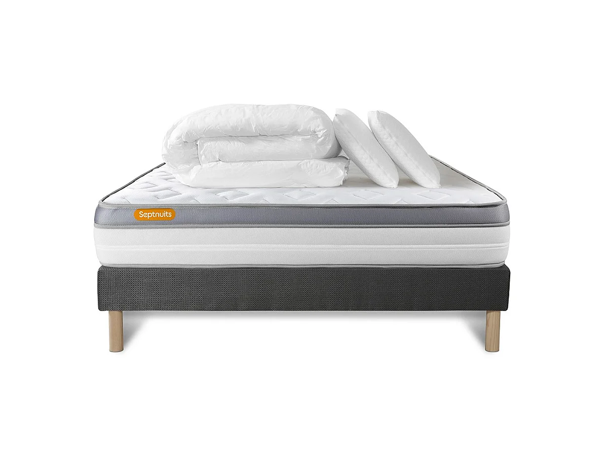 Pack matelas + sommier gris 140x200 Memo Zen Mousse à mémoire de forme 5 zones de confort MAXI épaisseur + Couette + 2 oreillers