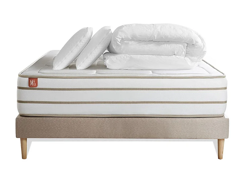 Pack prêt à dormir matelas LE DOUILLET 160x200cm Mémoire de forme BioVisco + sommier Beige + 2 oreillers + couette