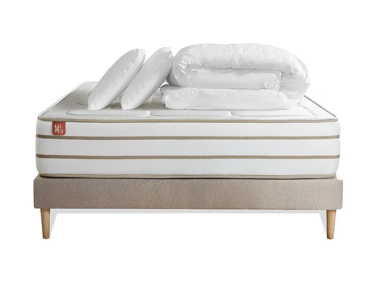 Pack prêt à dormir matelas LE DOUILLET 160x200cm Mémoire de forme BioVisco + sommier Beige + 2 oreillers + couette