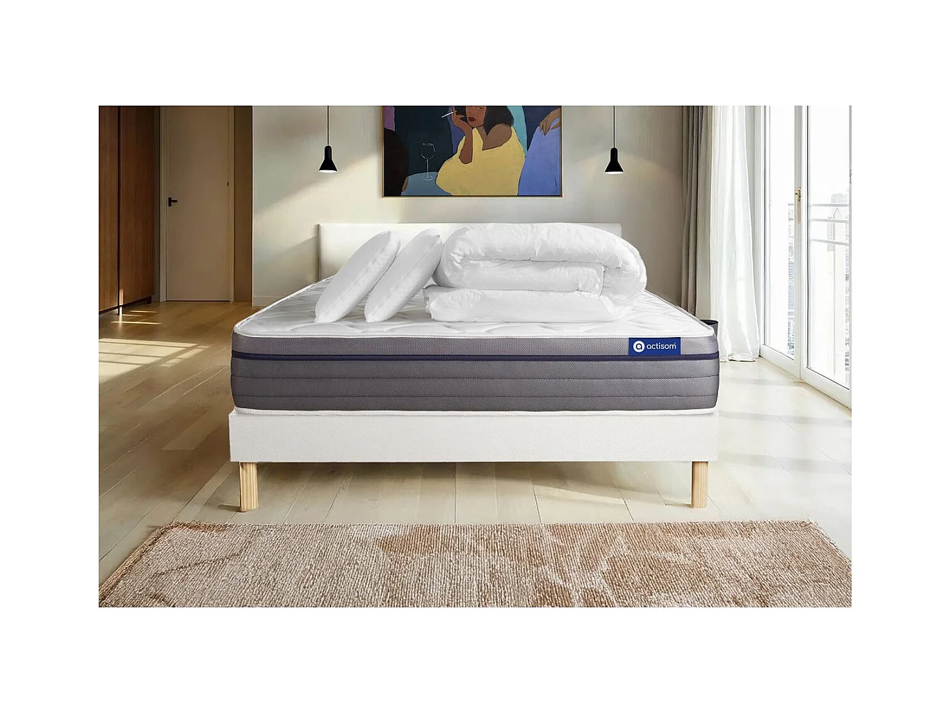 Pack prêt à dormir matelas Mémoire de forme ACTIMEMO ZEN 180x200 7zones de confort + sommier KIT blanc + 2 oreillers +couette