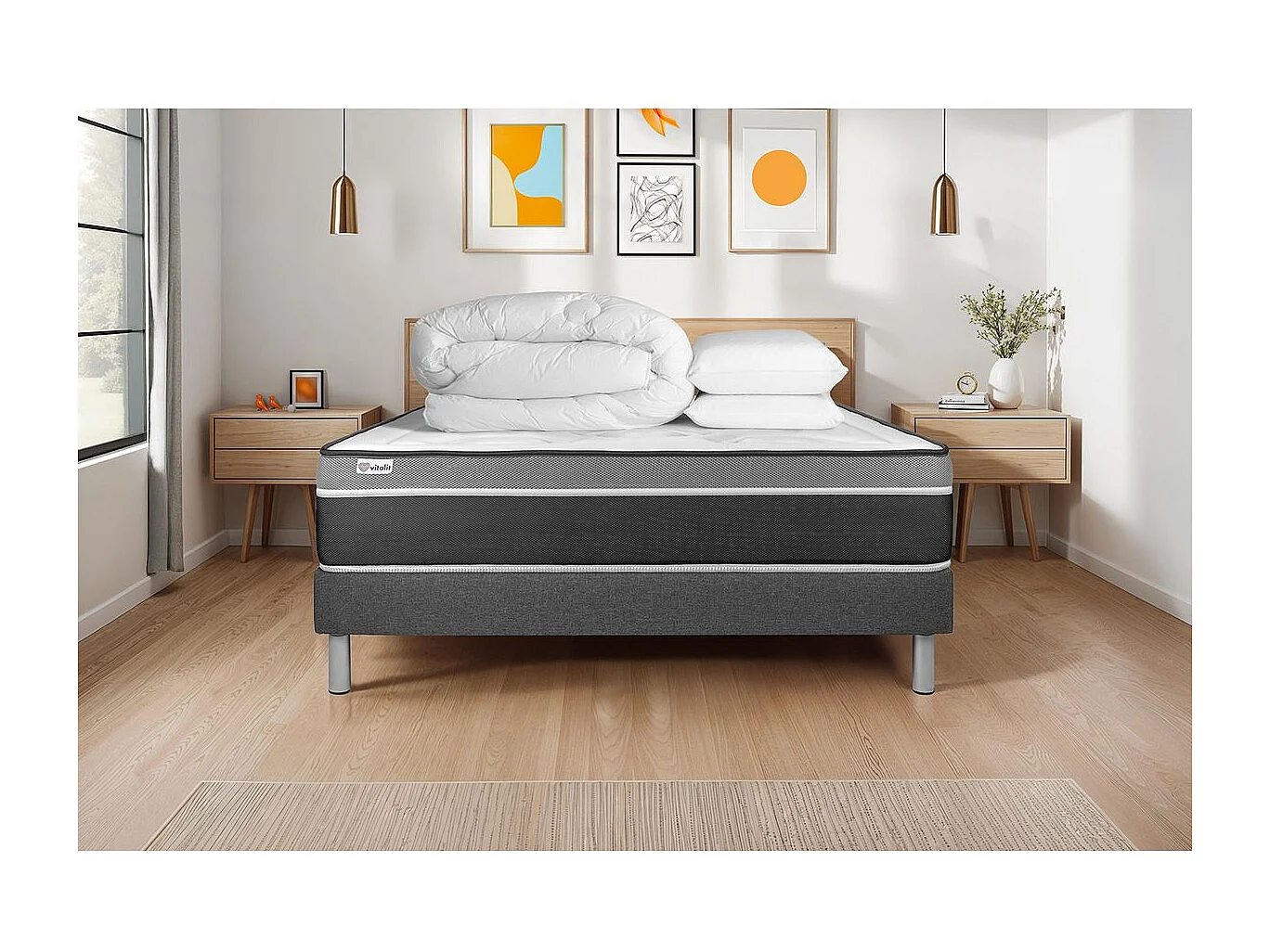 Komplettpaket Bett - Matratze 200x200 cm + Boxspringbett mit Lattenrost (im Set) + 2 Kopfkissen + Bettdecke - Vital Care